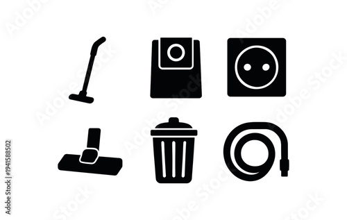 Black silhouette household and cleaning icons including upright vacuum, vacuum bag, wall outlet, floor mop, trash bin, and coiled hose for home maintenance ui.