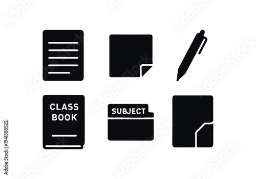 Clean black icons of stationery and school items: lined paper, sticky note, pen, class book, subject divider, and file folder.