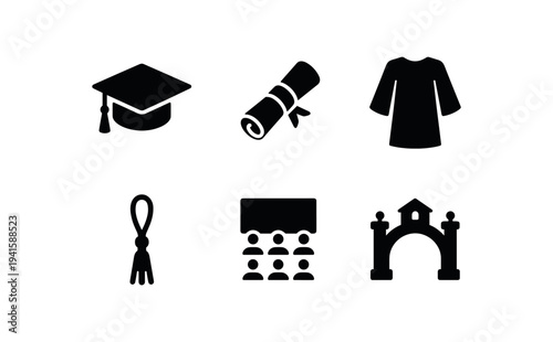 Black education icons including graduation cap, rolled diploma, academic gown, tassel, classroom audience, and university gate arch.