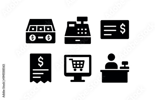 Black monochrome retail and payment icon set for ecommerce, point-of-sale, and checkout interface design.