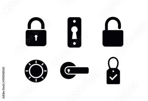 Clean black security and door hardware icons for access control, locksmith, and safety interfaces.