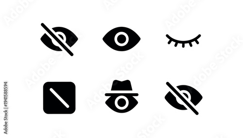 A series of black privacy and view icons for ui: eye with slash, open eye, eyelash, disable square, incognito eye with hat, and another crossed eye symbol.