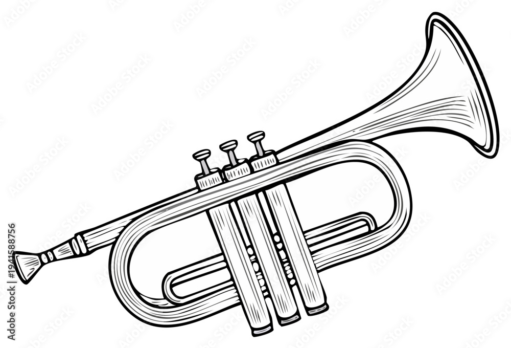 Naklejka premium Black and white sketch of a classic trumpet musical instrument with valves