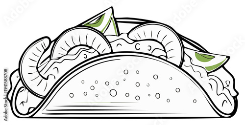 Hand Drawn Taco with Shrimp and Lime Slices in Crisp Tortilla Shell Ready to Eat, Delicious Mexican Street Food Line Art Illustration