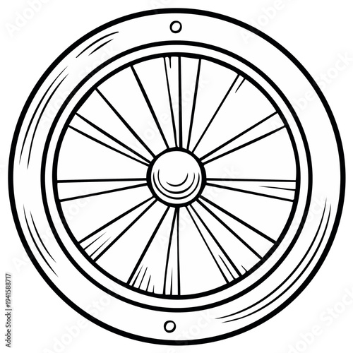 Black and white illustration of a wagon wheel design
