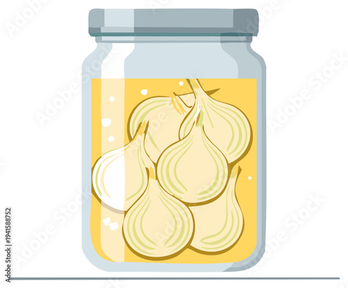Preserved Whole Small Onions in a Glass Jar with Yellow Brine