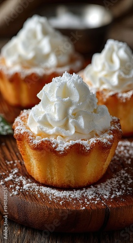 Vanilla cupcake with powdered sugar and vanilla icing