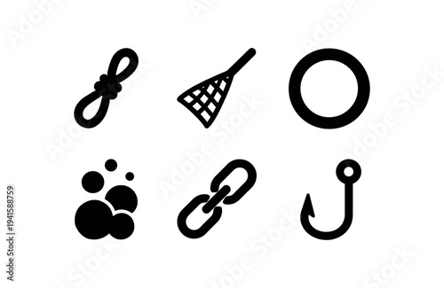 Six bold black icons for fishing and marine use, showing a tied knot, landing net, buoy ring, bubbles, chain and hook.