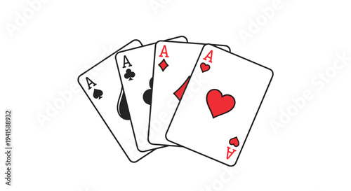 Four aces of different suits fanned out on a plain white background representing a winning hand in poker or card games.