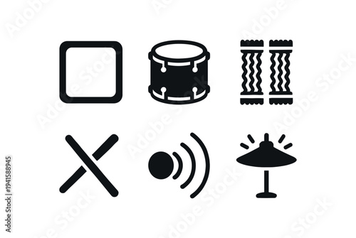 Six bold black percussion icons including a square pad, snare drum, rolled tambour or shaker, crossed sticks, sound wave element, and cymbal on stand for music apps or sheet labels.