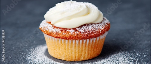 Vanilla cupcake with powdered sugar and vanilla icing