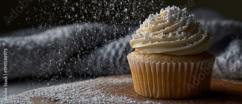 Vanilla cupcake with powdered sugar and vanilla icing
