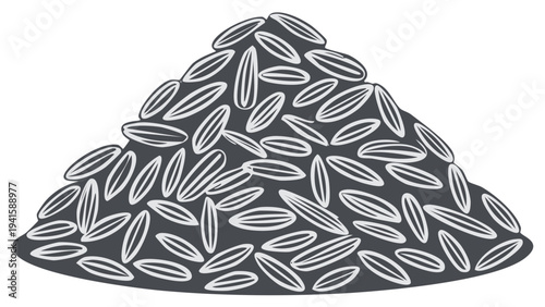 Pile of long-grain rice with detailed outline, cooking staple, staple food, isolated illustration.