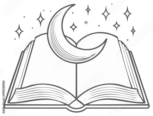 Open Book with Crescent Moon and Stars Whimsical Nighttime Story Illustration
