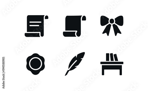 Black silhouette icons of writing and award items including scrolls, a ribbon bow, a wax seal, a feather quill, and a small desk with books.