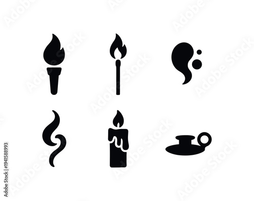 Collection of black silhouette fire-related icons including torch, lit match, stylized flame and smoke, dripping candle, and a chamberstick holder.