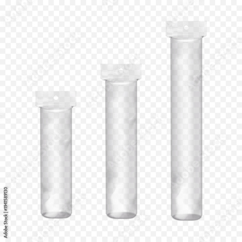 Round bottom long empty clear plastic bag with hanging hole. Realistic 3d vector mockup. Blank transparent cylinder cellophane pouch package. Mock-up set. Template for design