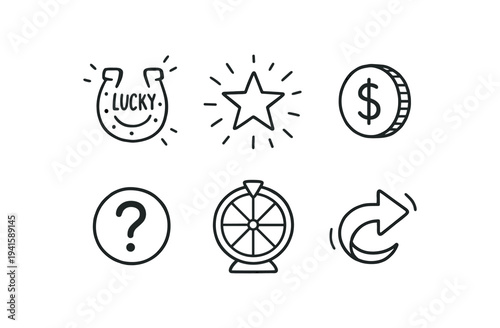 Minimal monochrome icon set showing a lucky horseshoe, shining star, coin, question mark, prize wheel, and a circular arrow used for rewards, games, or interface elements.