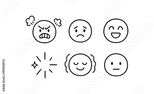 Black stroke emoji-style icons showing six facial expressions—anger, sadness, joy, surprise, calm/relaxed, and neutral—made for feedback, surveys, and mood tracking.
