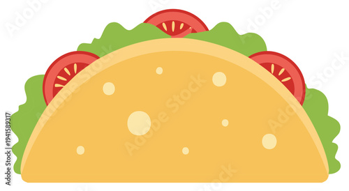 Minimalist flat design illustration of a classic taco with fresh lettuce and ripe tomatoes
