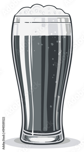 Illustration of tall beer glass filled with dark stout and overflowing foam, isolated on white