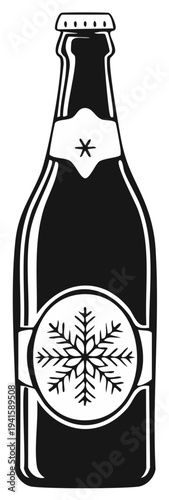 Black and white illustration of a beer bottle with snowflake design.