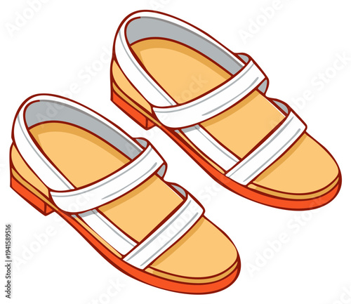Pair of casual flat sandals with white straps and orange sole vector illustration