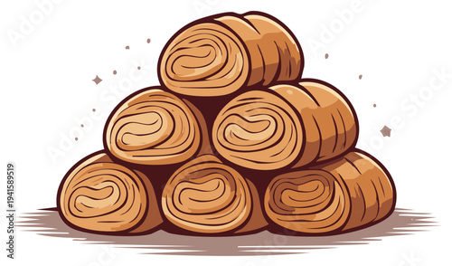 Stack of golden brown flaky pastries with swirling layers on a textured surface