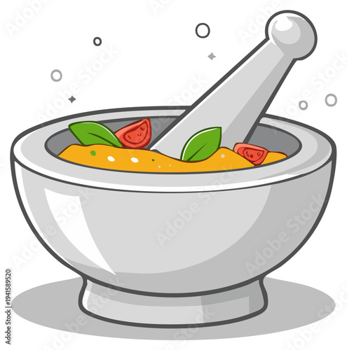 Cartoon illustration of a mortar and pestle with food, culinary concept.