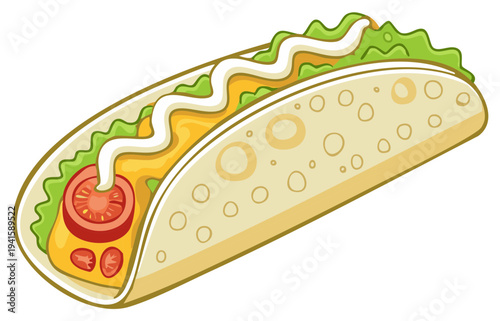 Vibrant cartoon Mexican food illustration with a delicious taco filled with cheese vegetables and sauce