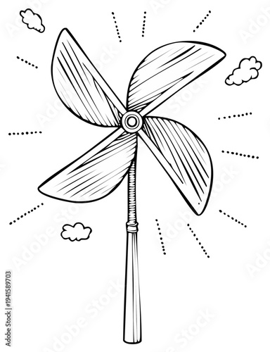 Hand drawn pinwheel toy spinning in the wind with simple clouds and radiating lines suggesting motion