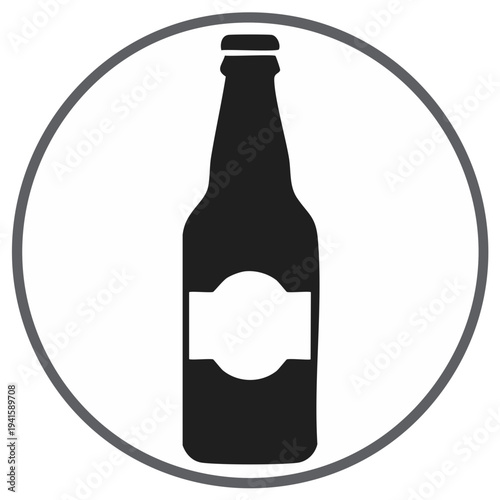 Icon of a dark beer bottle with a blank label inside a circle border