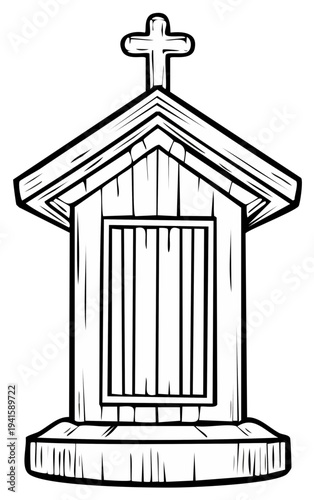 Cartoon drawing of a wooden shrine with a cross on the top, representing faith.