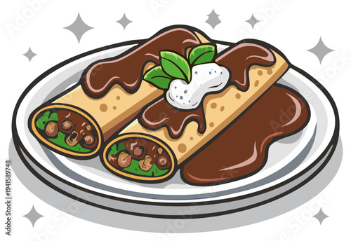 Cartoon illustration of delicious burritos with sauce on a plate, garnished with mint
