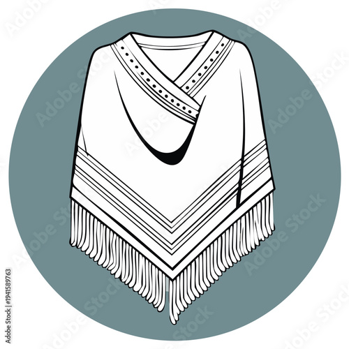 Illustration of a traditional poncho with fringed edges on grey circle background, outline style, authentic garment