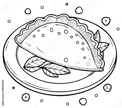 Hand Drawn Empanada on Plate with Mint Leaves Illustration for Coloring Books and Recipes