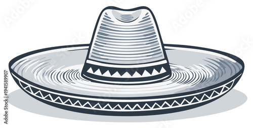 Traditional Mexican sombrero hat with decorative band and textured brim rendered in grayscale