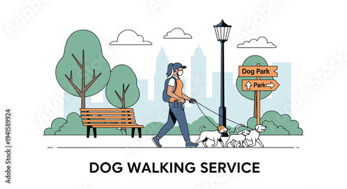 Professional dog walker strolls through a city park with three small dogs on leashes near a wooden bench and lamp post.