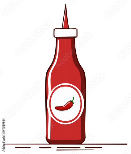 Red hot sauce bottle illustration with chili pepper logo