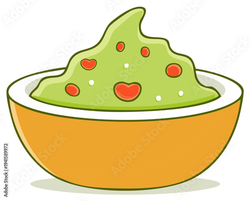 Cute guacamole dip in orange bowl, decorated with heart shapes and round dots