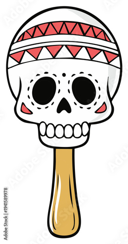 Cartoon skull maraca illustration for Dia de los Muertos celebration.