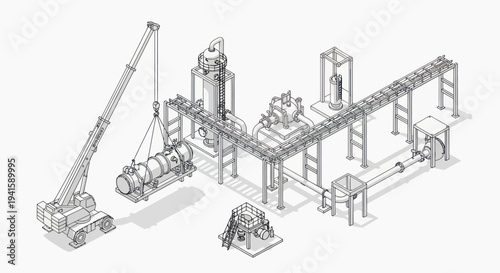 Industrial machinery complex with crane and equipment illustration.