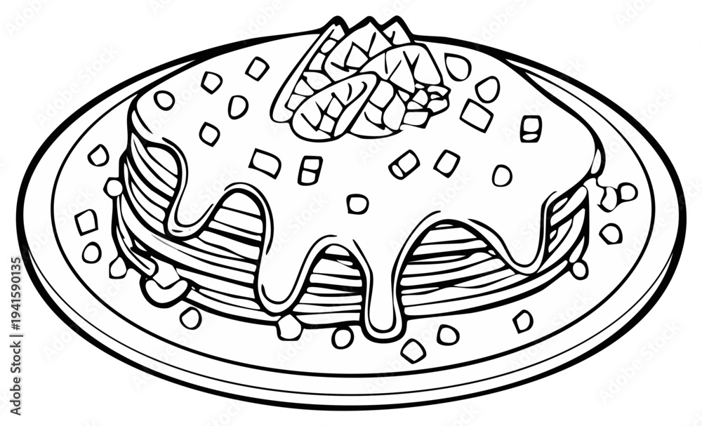Fototapeta premium Pancakes Stack with Topping Illustration for Coloring Pages Freshly Baked Breakfast Treat with Diced Fruit and Syrup