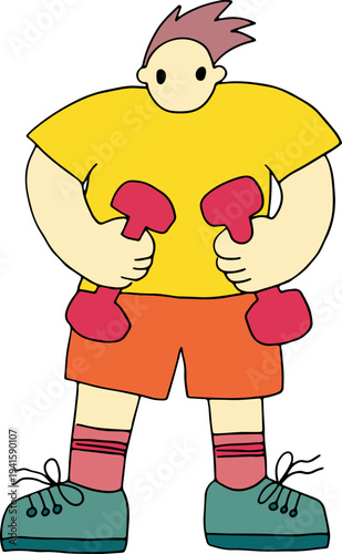 A young man in bright sportswear holds dumbbells in his hands and does sports exercises, full size, hand drawn with black, curved grunge lines