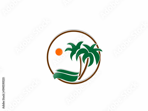 Circular Tropical Palm Tree Logo Badge with Sun and Greenery for Beach Hotel Resort and Eco Tourism Business