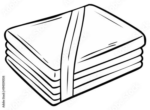 Stack of unfolded clean linen or clothes tied with ribbon, illustration with black line art. Laundry