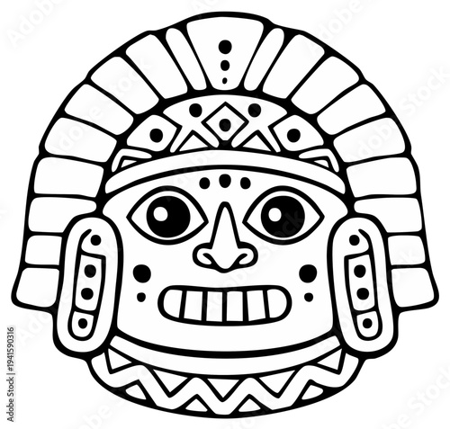 Abstract illustration of a stylized ancient tribal mask with detailed symmetrical design