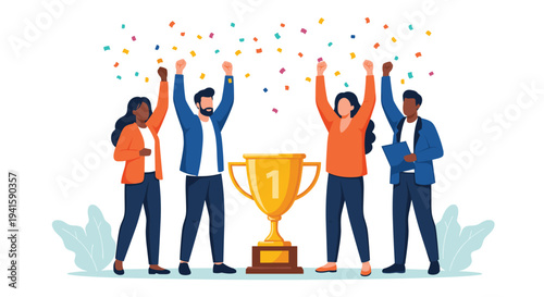 Group of diverse business professionals celebrates winning a gold trophy with colorful confetti falling in the air.
