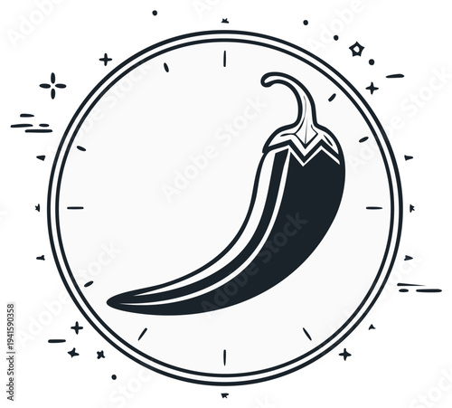 Bold illustration of a single chili pepper inside a circular frame with decorative elements