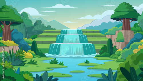 Lush Multi-Tier Waterfall in Green Landscape Vector Illustration